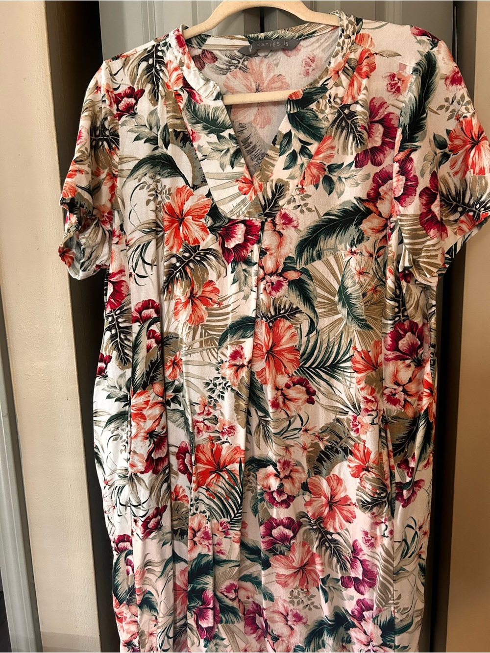 Floral V-Neck short sleeve linen dress- White with Coral & Green